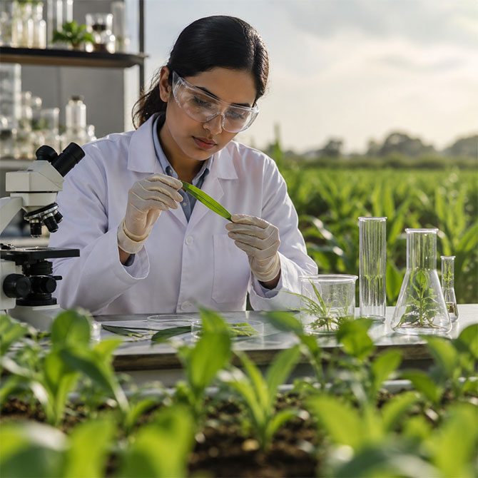 Researcher examining crop samples in the Dharshan Crop Science laboratory